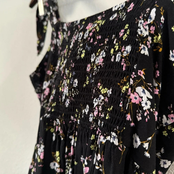 Smocked Tie Shoulder Dainty Ditsy Floral Midi Dress Large Cottagecore Picnic - Picture 4 of 10